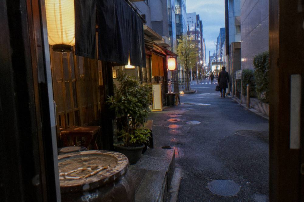 Row of small lantern-lit izakaya storefronts along a narrow Ginza backstreet at dusk